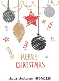 Hand drawn card with Christmas balls and wishes. Vector illustration.