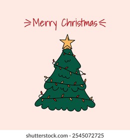 Hand drawn card with Christmas tree and inscription Merry Christmas. Holiday print, banner, poster. Vector doodle illustration