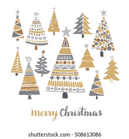 Hand drawn card with Christmas trees. Vector illustration.