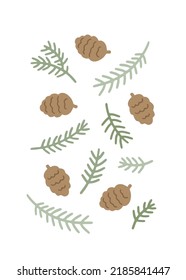 Hand drawn card with cones and spruce branches. Cute childish illustration with forest plants. Charming poster for nursery design, prints and apparel. Scandinavian vector illustration