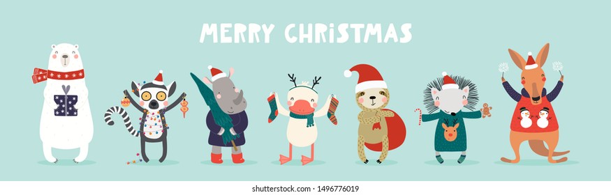 Hand Drawn Card With Cute Animals In Santa Claus Hats, Tree, Gifts, Ornaments, Text Merry Christmas. Vector Illustration. Isolated Objects. Scandinavian Style Flat Design. Concept Kids Print, Invite.