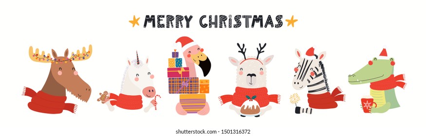 Hand drawn card with cute animals in Santa Claus hats, sparkler, gifts, ornaments, text Merry Christmas. Vector illustration. Isolated objects. Scandinavian style flat design. Concept kids print.