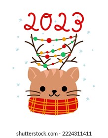 Hand drawn card with cute cat face in scaf, garland, text 2023. Vector illustration Isolated on white. Flat style design. Concept for holiday print.