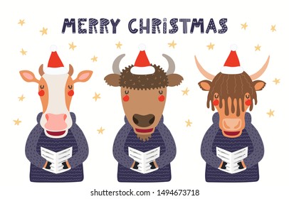 Hand drawn card with cute cow, bison, yak singing carols, with quote Merry Christmas. Vector illustration. Isolated objects on white background. Scandinavian style flat design. Concept for kids print.