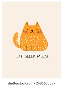 Hand Drawn card with cute Doodle cat, funny quotes for cat lovers. Art drawing vector illustration. Design for poster, t-shirt, fashion print. Lazy, animal kitten. Childrens cute greeting card