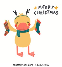 Hand drawn card with cute duck in reindeer antlers, with stockings, quote Merry Christmas. Vector illustration. Isolated on white background. Scandinavian style flat design. Concept for kids print.