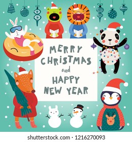 Hand drawn card with cute funny animals in Santa Claus hats, smowmen, text Merry Christmas and Happy New Year. Vector illustration. Scandinavian style flat design. Concept for children print.