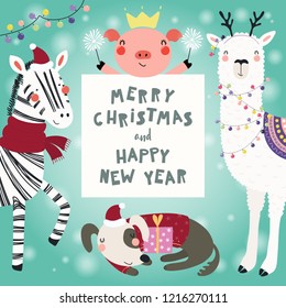 Hand drawn card with cute funny animals in Santa Claus hats, smowmen, text Merry Christmas and Happy New Year. Vector illustration. Scandinavian style flat design. Concept for children print.