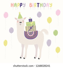 Hand drawn card with cute funny llama in a party hat, carrying presents, balloons, text Happy birthday. Vector illustration. Scandinavian style flat design. Concept for invite, children print.