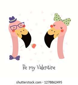 Hand drawn card with cute funny flamingos, hearts, text Be my Valentine. Isolated objects on white background. Vector illustration. Scandinavian style flat design. Concept for children print.