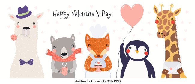 Hand drawn card with cute funny animals, hearts, text Happy Valentines day. Isolated objects on white background. Vector illustration. Scandinavian style flat design. Concept for children print.