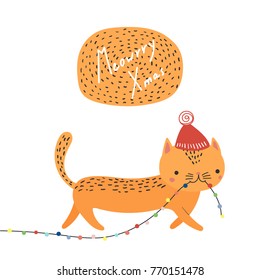 Hand drawn card with cute funny cat in a hat , carrying Christmas lights garland in its mouth, quote. Isolated objects on white background. Vector illustration. Design concept kids, winter holidays.