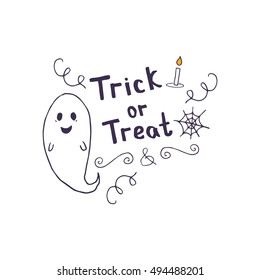 Hand drawn card with cute ghost and hand lettering phrase Trick or Treat.