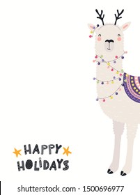 Hand drawn card with cute llama in reindeer antlers with Christmas lights, quote Happy holidays. Vector illustration on white background. Scandinavian style flat design. Concept for kids print, invite