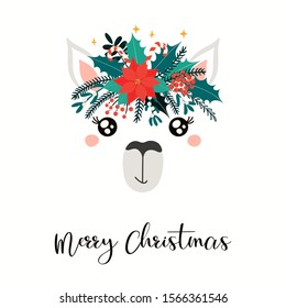 Hand drawn card with cute llama face in wreath of poinsettia, holly, mistletoe, fir, text Merry Christmas. Vector illustration Isolated objects on white. Flat style design. Concept for holiday print.