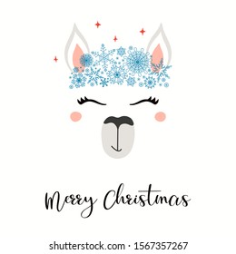 Hand drawn card with cute llama face in snowflakes crown, stars, text Merry Christmas. Vector illustration Isolated objects on white. Flat style design. Concept for holiday print, invite, gift tag.