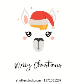 Hand drawn card with cute llama face in Santa Claus hat, stars, text Merry Christmas. Vector illustration Isolated objects on white. Flat style design. Concept for holiday print, invite, gift tag.