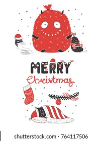 Hand drawn card with cute monsters, sleeping under Christmas tree, bag with presents, with a mug. Isolated objects on white background. Design concept for kids, winter holidays. Vector illustration.