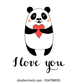Hand drawn card with cute panda and text I love you made in 
vector
