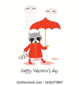 Hand drawn card with cute raccoon with umbrella, quote Happy Valentines day. Vector illustration. Isolated on white background. Scandinavian style flat design. Concept for children print, invite.