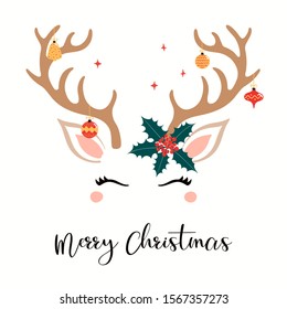 Hand drawn card with cute reindeer face, ornaments hanging from antlers, holly, stars, text Merry Christmas. Vector illustration Isolated objects on white. Flat style design. Concept for holiday print