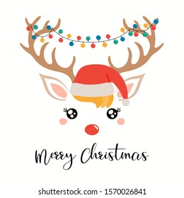 Hand drawn card with cute reindeer face in Santa Claus hat, garland hanging from antlers, text Merry Christmas. Vector illustration Isolated on white. Flat style design. Concept for holiday print.