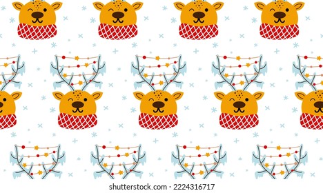 Hand drawn card with cute reindeer face in scaf, garland hanging from antlers, text 2023. Vector illustration Isolated on white. Flat style design. Concept for holiday print.