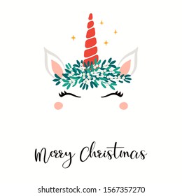 Hand drawn card with cute unicorn face in mistletoe crown, stars, text Merry Christmas. Vector illustration Isolated objects on white. Flat style design. Concept for holiday print, invite, gift tag.