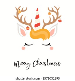 Hand drawn card of cute unicorn face with reindeer antlers, hanging ornaments, text Merry Christmas. Vector illustration Isolated objects on white. Flat style design. Concept for holiday print, invite