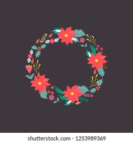 Hand drawn card with decorative christmas wreath. Design for poster, card, invitation, placard, brochure, flyer.