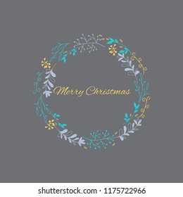 Hand drawn card with decorative wreath whith text "Merry Christmas". Celebration quote for postcard, typography poster, banner, logo or badge.