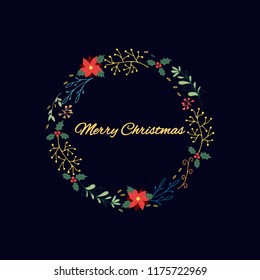Hand drawn card with decorative wreath whith text "Merry Christmas". Celebration quote for postcard, typography poster, banner, logo or badge.