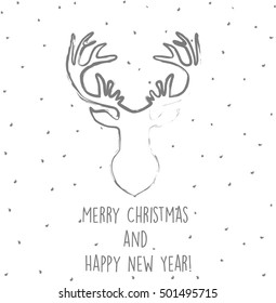 Hand drawn card with deer silhouette, snow and hand drawn inscription Merry Christmas and Happy New Year. Vector illustration.