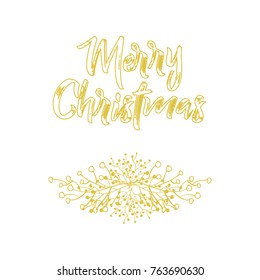 Hand drawn card design element with lettering "Merry Christmas" and floral wreath. Vector illustration in golden color.