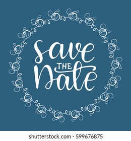 Hand drawn card design with lettering "Save the date" and whimsical wreath. Vector illustration.