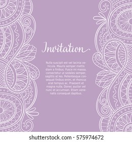 Hand drawn card design template with lace pattern design border and purple background. Square format. Boho style, perfect for greeting cards, wedding invitations and backgrounds. Vector illustration.