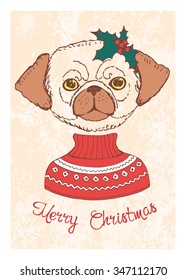 Hand drawn card with dog dressed up in sweater. Vector illustration for holiday design, greeting card, christmas poster, invitation