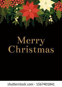 Hand drawn card with floral arrangement of poinsettia, holly, mistletoe, fir, text Merry Christmas, on dark background. Vector illustration. Flat style design. Concept holiday print, invite, gift tag.