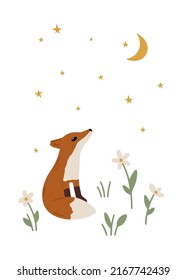 Hand drawn card with fox and flowers. Cute childish illustration with forest animal and plants. Charming poster for nursery design, prints and apparel. Scandinavian vector illustration