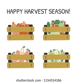 Hand drawn card with fruits and vegetables in a boxes and lettering Happy Harvest Season. Cartoon food print. Vector illustration.