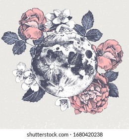 Hand drawn card with full moon and sketched flowers. Vector illustration. Great for your invitations, textile or wedding designs