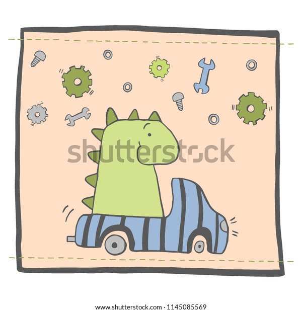 Hand drawn card with funny dinosaur, car,\
vector illustration.