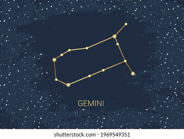 Hand drawn card of gold Gemini, star, brush. Constellation celestial space. Zodiac horoscope symbol, star astrology, astrology sign, icon. Magic space galaxy, vector sketch illustration