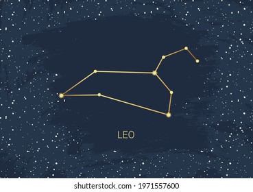 Hand drawn card of gold Leo, star, brush. Constellation celestial space. Zodiac horoscope symbol, star astrology, astrology sign, icon. Magic space galaxy, vector sketch illustration