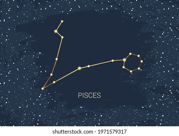 Hand drawn card of gold Pisces, star, brush. Constellation celestial space. Zodiac horoscope symbol, star astrology, astrology sign, icon. Magic space galaxy, vector sketch illustration