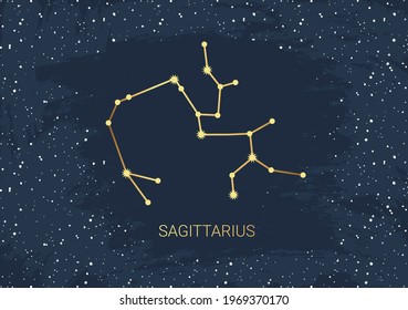 Hand drawn card of gold Sagittarius, star, brush. Constellation celestial space. Zodiac horoscope symbol, star astrology, astrology sign, icon. Magic space galaxy, vector sketch illustration