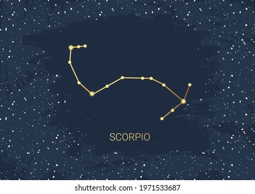 Hand drawn card of gold Scorpio, star, brush. Constellation celestial space. Zodiac horoscope symbol, star astrology, astrology sign, icon. Magic space galaxy, vector sketch illustration