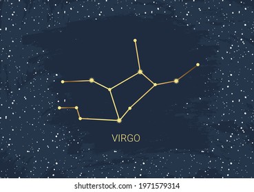 Hand drawn card of gold Virgo, star, brush. Constellation celestial space. Zodiac horoscope symbol, star astrology, astrology sign, icon. Magic space galaxy, vector sketch illustration