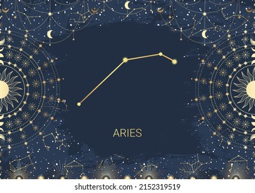 Handgezeichnete Karte von goldenen Sternen, Sonne, Mond, Stern. Sternbild-Himmelsraum. Zodiac Horoskop-Symbol, Sternastrologie, Astrologie-Zeichen, Symbol. Magische Weltraumgalaxie, Vektorgrafik