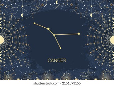 Hand drawn card of golden Cancer, Sun, Moon, star. Constellation celestial space. Zodiac horoscope symbol, star astrology, astrology sign, icon. Magic space galaxy, vector sketch illustration